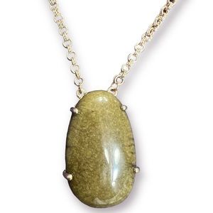 Mossy green colored stone necklace. Gold chain.